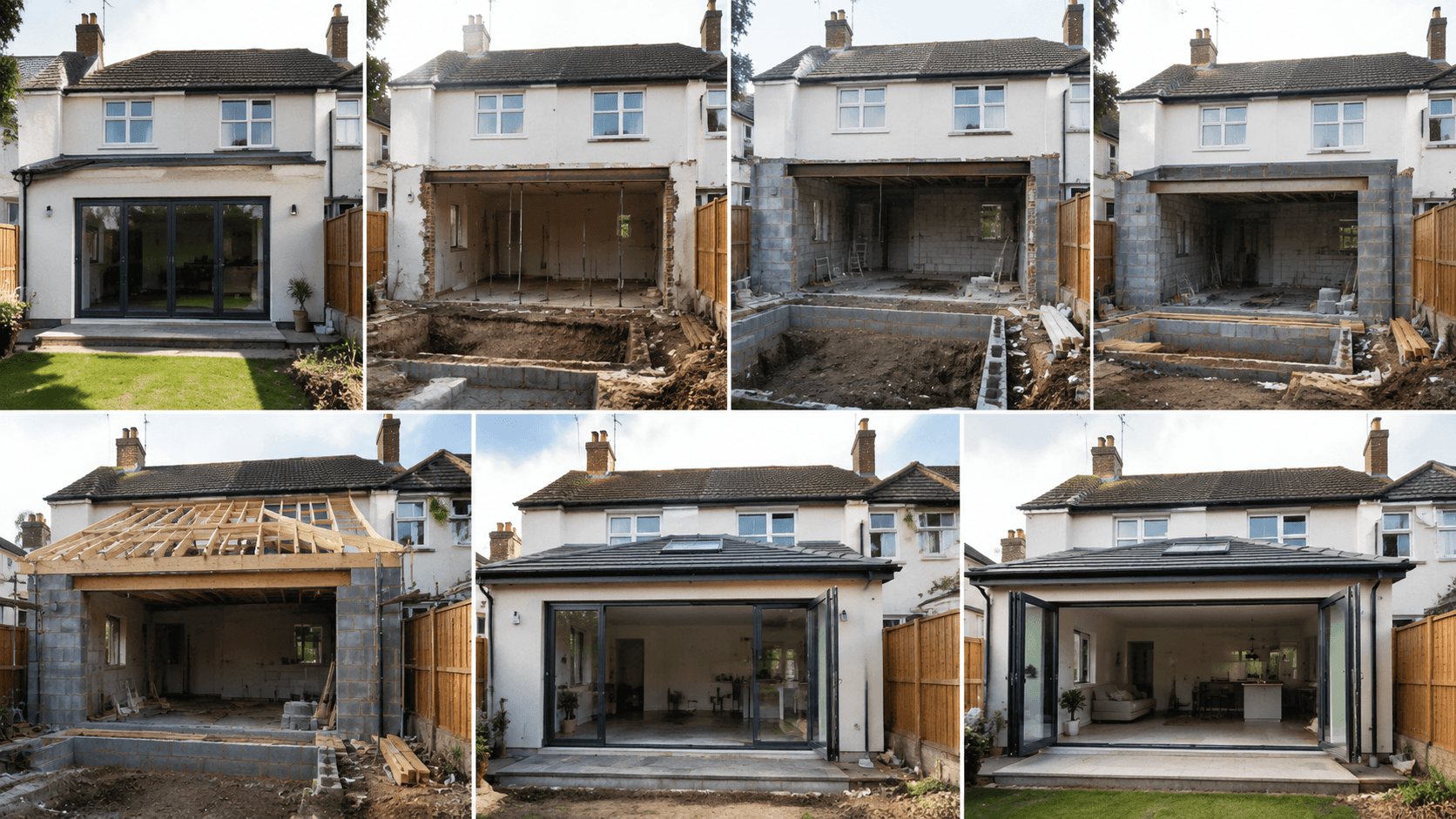 Indicative sequence of a residential extension progressing through build phases