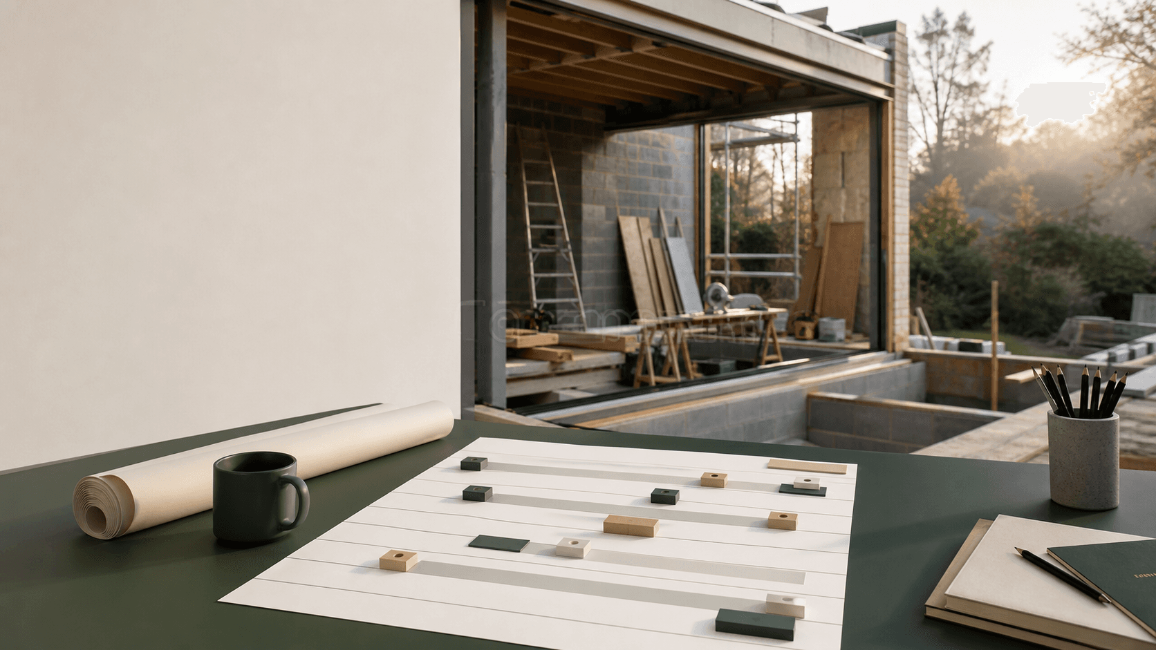 Organised residential project planning desk beside an extension site